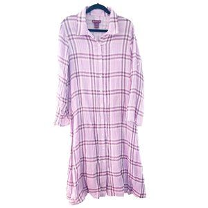 April Cornell Purple Lavender Check Plaid Cotton Gauze Shirt Dress Sz L Pockets